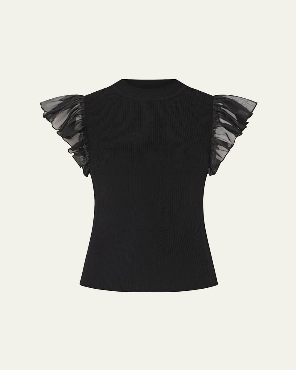 Ribbed Chiffon Flutter-Sleeve Top